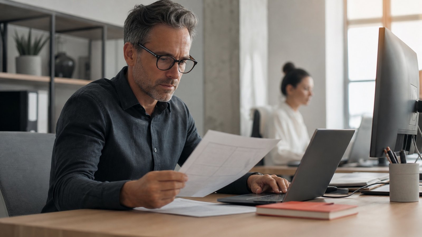 Profesional revisando documentos y datos manualmente en su puesto de trabajo
